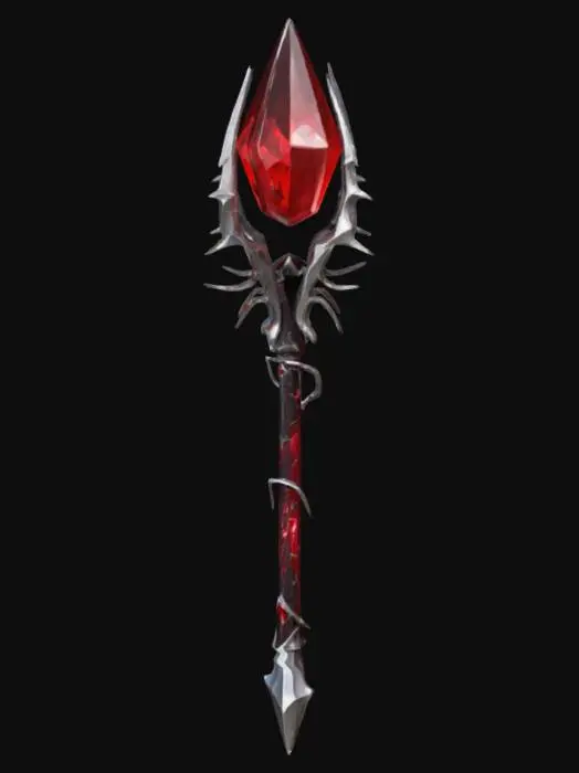 3D model for A sleek, low-poly crimson staff with a long, slender frame, adorned with sharp silver accents. At its peak, a glowing blood-red crystal pulsates with dark energy, encased in jagged, wing-like metal prongs. The staff's shaft is wrapped in black leather grips, tapering to a pointed, silver spike at the base. Blood-red runes spiral subtly along its length, pulsing faintly as if feeding on the wielder’s magic.