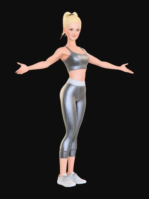 3D model for Junge, sportliche Frau mit athletischer Figur, attraktive und natürliche Ausstrahlung, blonde Haare (zu einem Pferdeschwanz gebunden), enge funktionale Sportkleidung (Sporttop und Leggings), neutrale Farben, T-Pose, Arme waagerecht ausgestreckt, Beine schulterbreit, aufrechter Stand.
Realistischer Körperbau, korrekte Anatomie, symmetrische Proportionen.
Studio-Setup mit neutralem Hintergrund, gleichmäßige Ausleuchtung, weiches Licht, hohe Detailtreue, scharfer Fokus, fotorealistischer Stil, 4k, hohe Auflösung.