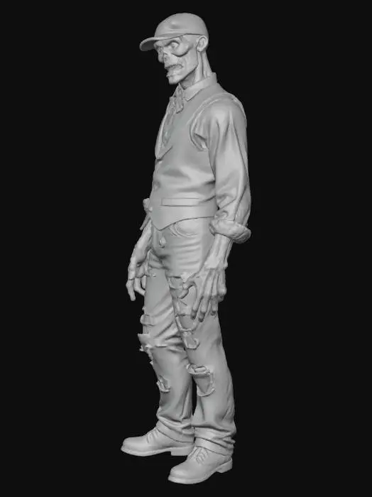 3D model for 3D game asset of a grotesque zombie dressed like a casino dealer, wearing a torn vest, bowtie, and visor cap, holding ruined playing cards in one hand, glowing green eyes, decayed skin with poker chip patterns, stylized for a mobile tower defense game, low-poly but detailed texture