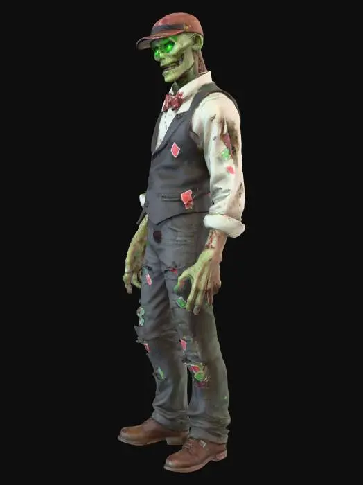 3D model for 3D game asset of a grotesque zombie dressed like a casino dealer, wearing a torn vest, bowtie, and visor cap, holding ruined playing cards in one hand, glowing green eyes, decayed skin with poker chip patterns, stylized for a mobile tower defense game, low-poly but detailed texture