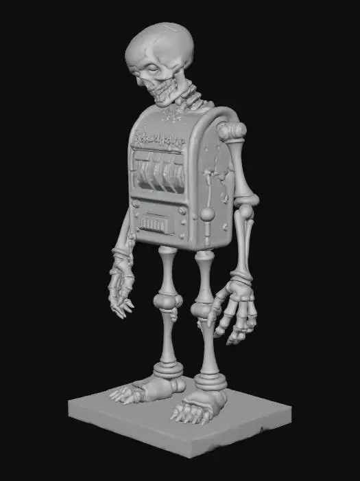3D model for 3D stylized zombie fused with a broken slot machine on its chest, reels glowing with red light, cracked neon lights, arms partially mechanical with lever-like bones, horror-comedy vibe, mobile game style, low-poly game asset