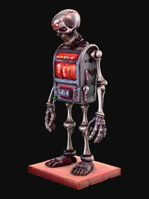 3D model for 3D stylized zombie fused with a broken slot machine on its chest, reels glowing with red light, cracked neon lights, arms partially mechanical with lever-like bones, horror-comedy vibe, mobile game style, low-poly game asset