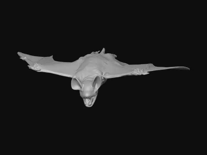 3D model for crea un immagine iperrealistica di un pipistrello grande, con la pelle scura, occhi piccoli, rosso fuoco e con denti aguzzi in volo, metti in risalto i denti aguzzi e gli occhi rossi