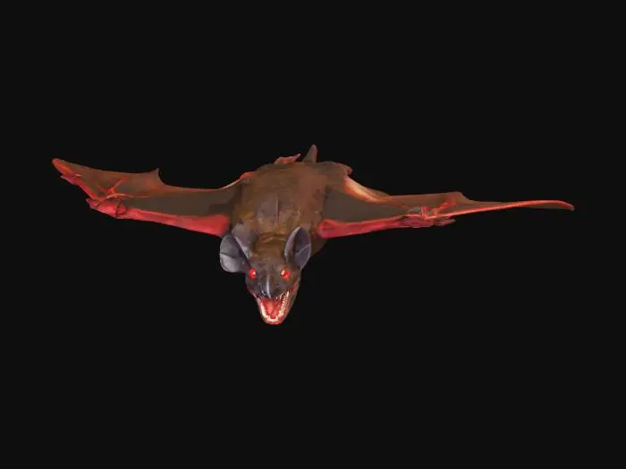3D model for crea un immagine iperrealistica di un pipistrello grande, con la pelle scura, occhi piccoli, rosso fuoco e con denti aguzzi in volo, metti in risalto i denti aguzzi e gli occhi rossi