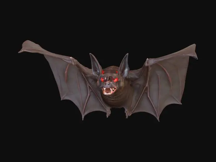 3D model for crea un immagine iperrealistica di un pipistrello grande, con la pelle scura, occhi piccoli, rosso fuoco e con denti aguzzi in volo, metti in risalto i denti aguzzi e gli occhi rossi