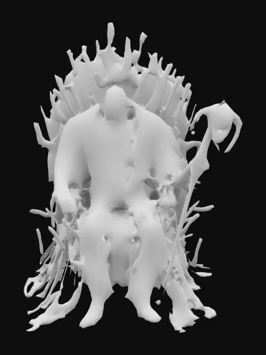 3D model for King pin  seduto sul trono di spade, impugna un bastone con la punta a forma di teschio 