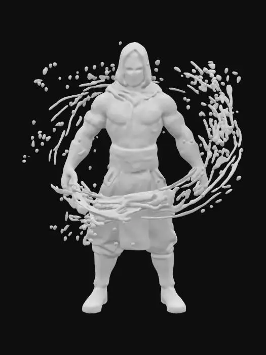 3D model for crea un immagine iperrealistica di sub zero del videogioco Mortal Kombat nella posa di lanciare il ghiaccio
