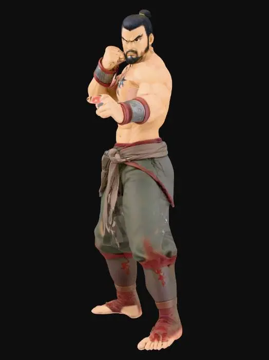 3D model for ken il guerriero personaggio manga disegnato da Tetsuo Hara  in posa di combattimento, metti in risalto le cicatrici delle sette stelle sul petto