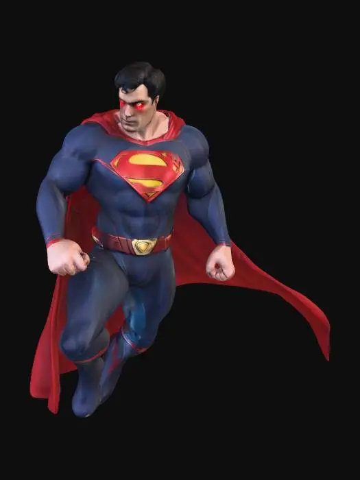 3D model for crea un immagine iper realistica di Superman DC Comix con il mantello rosso, raggi laser dagli occhi metti in risalto il mantello rosso e gli occhi rossi