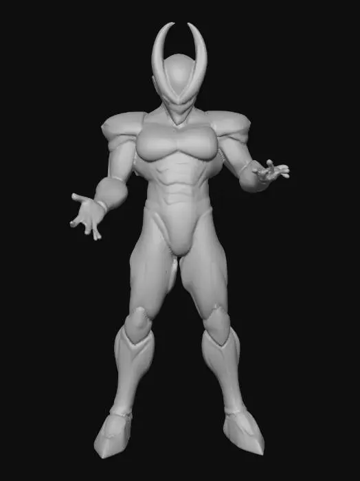 3D model for crea un immagine iper realistica di cell perfetto cattivo dell'anime Dragon Ball Z, in posa per lanciare un onda energetica metti in risalto la posa