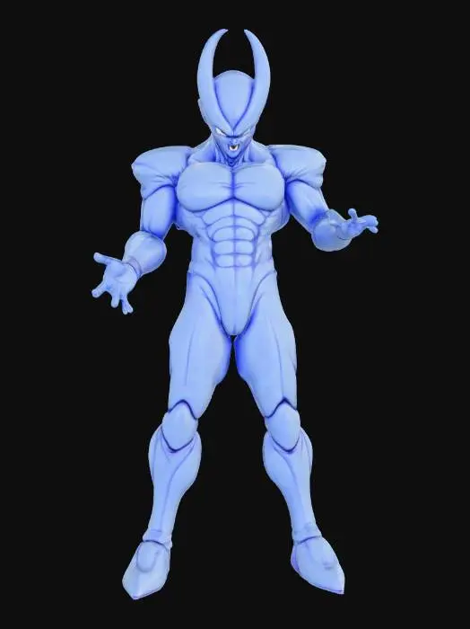 3D model for crea un immagine iper realistica di cell perfetto cattivo dell'anime Dragon Ball Z, in posa per lanciare un onda energetica metti in risalto la posa