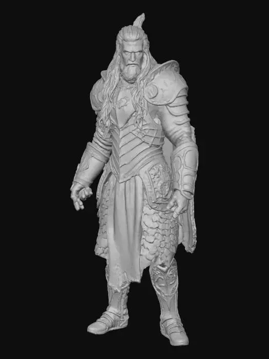 3D model for crea un immagine iper realistica di un guerriero con l'armatura dorata, alto, capelli lunghi lucenti, occhi verdi, spada grande e affilata metti in risalto il volto cupo e l'armatura