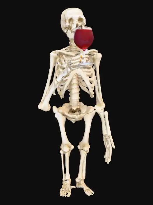 3D model for crea un immagine iper realistica di uno scheletro con un bicchiere di vino in mano e una sigaretta nell'altra metti in evidensa il bicchiere