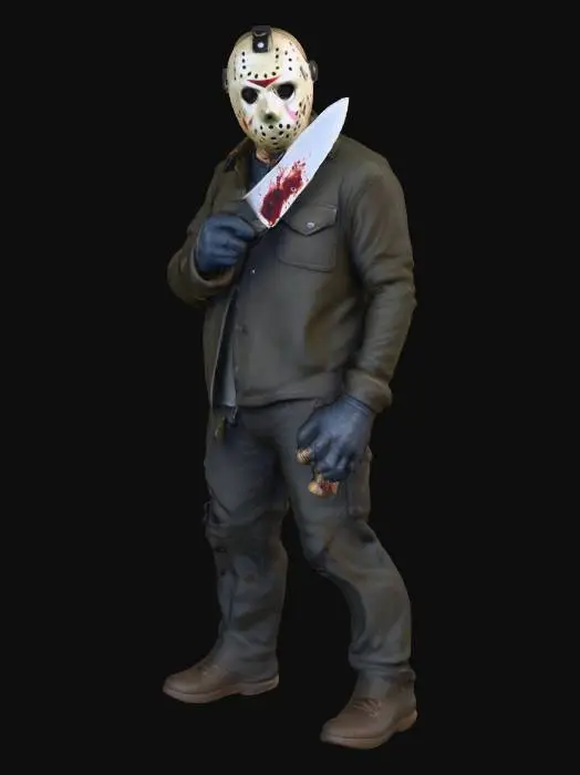 3D model for crea un immagine iper realistica di Jason Voorhees personaggio horror del film Venerdi13 con un macete in mano