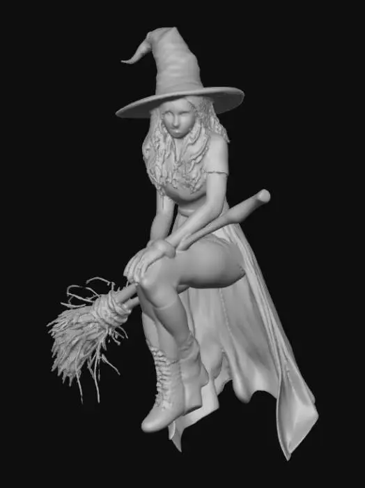 3D model for Crea un immagine iper realistico di una strega dalla pelle verde, occhi gialli, capelli neri cappello appunta su di una scopa metti in risalto gli occhi