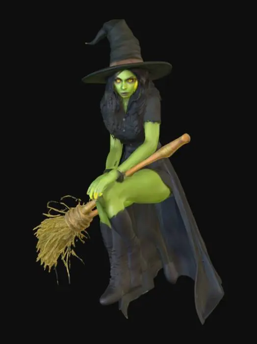 3D model for Crea un immagine iper realistico di una strega dalla pelle verde, occhi gialli, capelli neri cappello appunta su di una scopa metti in risalto gli occhi