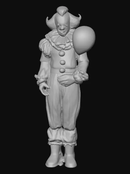 3D model for crea un immagine iper realistico di pennywise con il palloncino rosso in mano vestito da pagliaccio faccia sporca di sangue sorridente metti in evidenza il sorriso