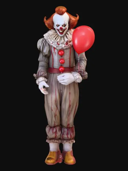 3D model for crea un immagine iper realistico di pennywise con il palloncino rosso in mano vestito da pagliaccio faccia sporca di sangue sorridente metti in evidenza il sorriso