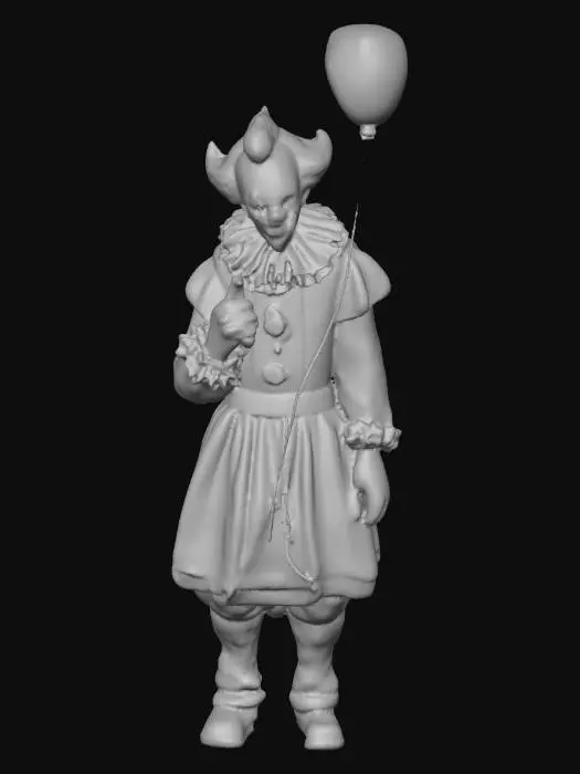 3D model for crea un immagine iper realistico di pennywise con il palloncino rosso in mano vestito da pagliaccio faccia sporca di sangue sorridente metti in evidenza il sorriso