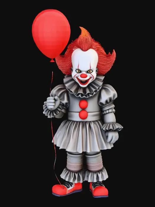 3D model for crea un immagine iper realistico di pennywise con il palloncino rosso in mano vestito da pagliaccio faccia sporca di sangue sorridente metti in evidenza il sorriso