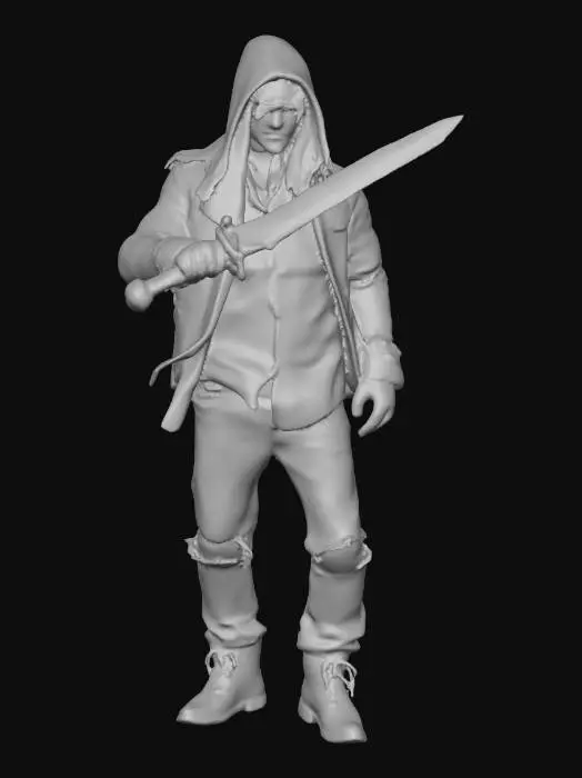 3D model for un uomo incappucciato brandisce una spada, vestito con una maglia rossa, occhiali neri, pantaloni di jeans strappati e capelli lunghi e stivali ai piedi metti in risalto il viso da duro