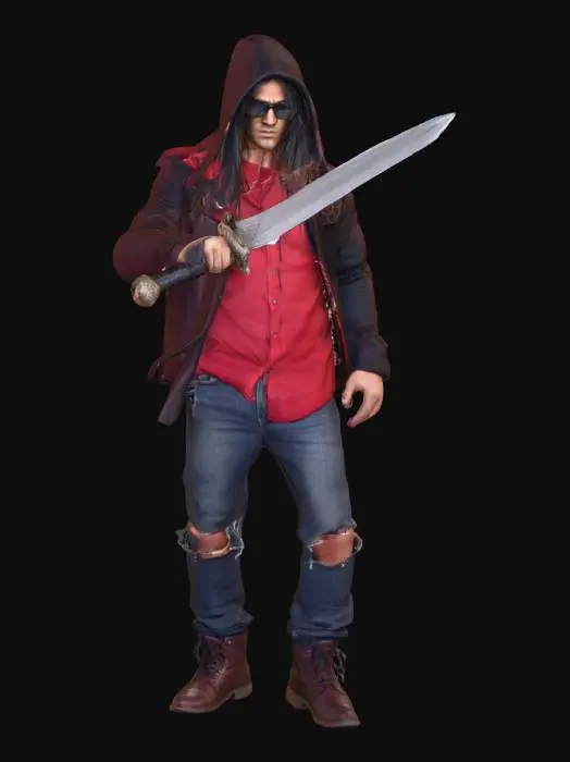3D model for un uomo incappucciato brandisce una spada, vestito con una maglia rossa, occhiali neri, pantaloni di jeans strappati e capelli lunghi e stivali ai piedi metti in risalto il viso da duro