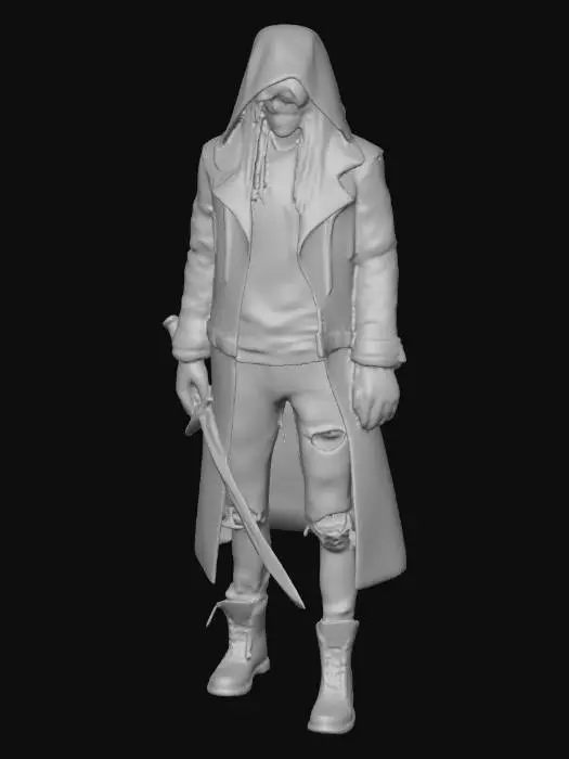 3D model for un uomo incappucciato brandisce una spada, vestito con una maglia rossa, occhiali neri, pantaloni di jeans strappati e capelli lunghi e stivali ai piedi metti in risalto il viso da duro