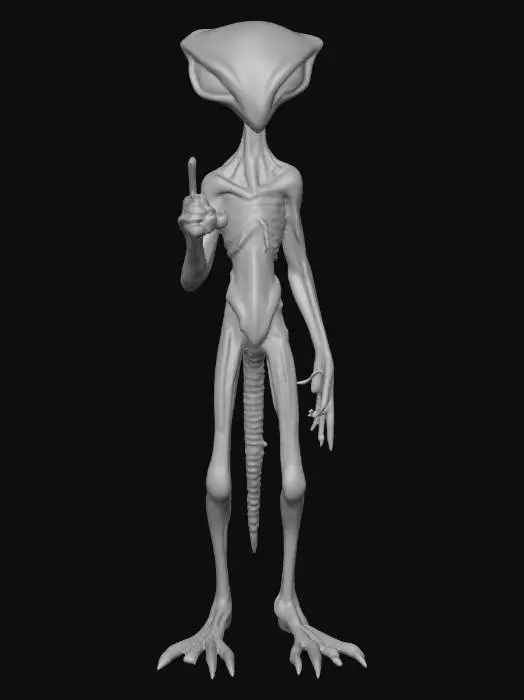 3D model for un alieno indica un punto con il dito occhi di vetro, pelle squamosa, viso triangolare e alto metti in evidenza lo sguardo stupito