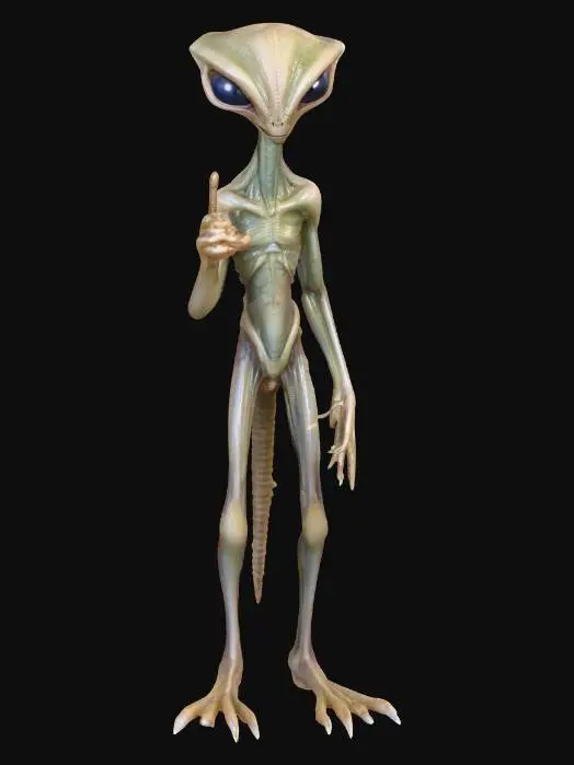 3D model for un alieno indica un punto con il dito occhi di vetro, pelle squamosa, viso triangolare e alto metti in evidenza lo sguardo stupito