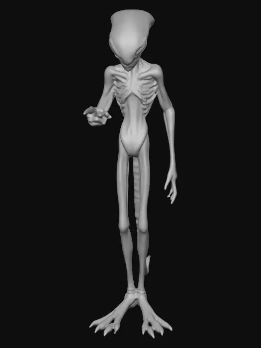 3D model for un alieno indica un punto con il dito occhi di vetro, pelle squamosa, viso triangolare e alto metti in evidenza lo sguardo stupito