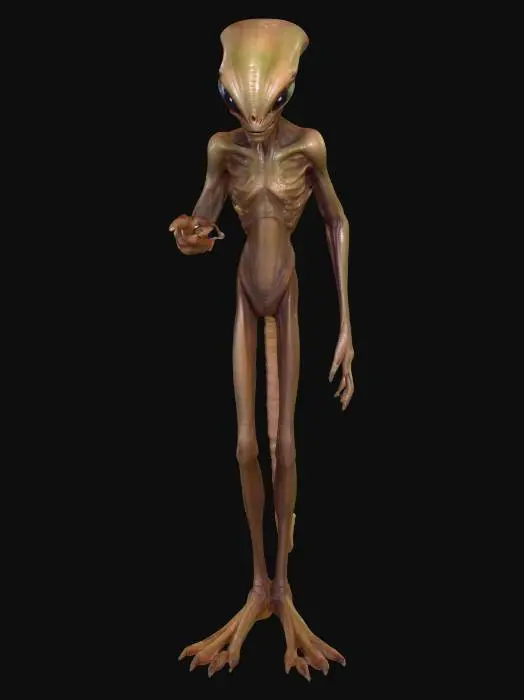 3D model for un alieno indica un punto con il dito occhi di vetro, pelle squamosa, viso triangolare e alto metti in evidenza lo sguardo stupito