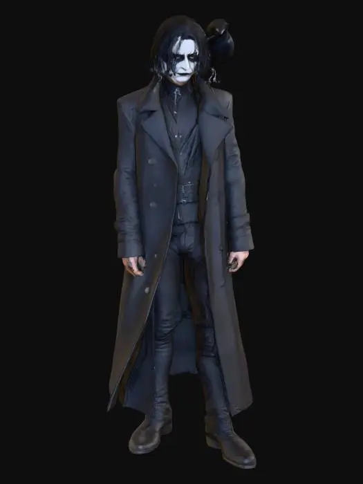 3D model for crea l'immagine di Eric Draven nel film il corvo con il corvo poggiato sulla spalla metti in risalto il viso cupo e malinconico