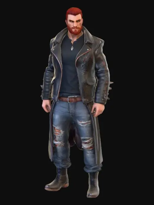 3D model for crea l'immagine di un cacciatore di draghi dal fisico imponente, dai capelli lisci rossi e dagli occhi neri come l'oscurità, indossava un giubbotto fatto con pelle di drago, una maglietta nera, jeans strappati e stivali a punta metti in risalto l'aspetto