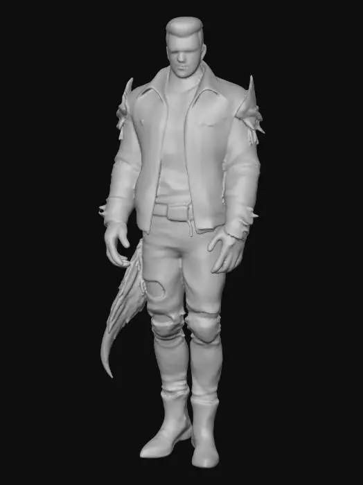 3D model for crea l'immagine di un cacciatore di draghi dal fisico imponente, dai capelli lisci rossi e dagli occhi neri come l'oscurità, indossava un giubbotto fatto con pelle di drago, una maglietta nera, jeans strappati e stivali a punta metti in risalto l'aspetto