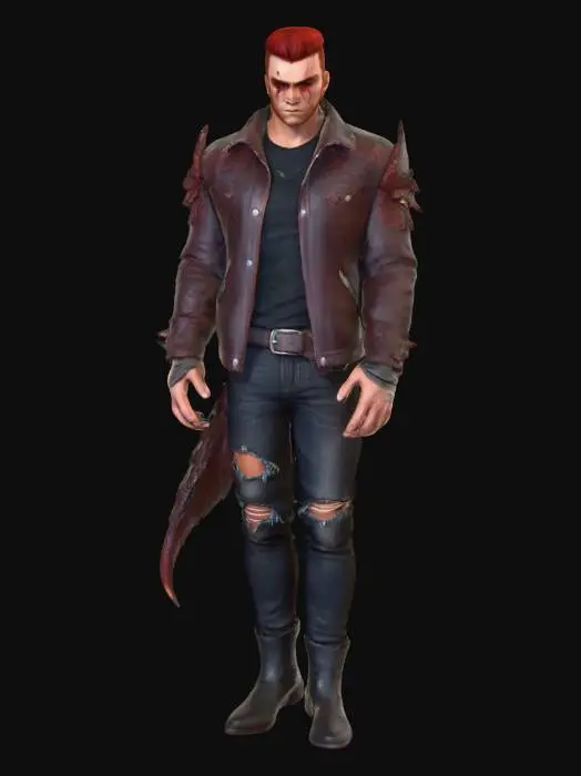 3D model for crea l'immagine di un cacciatore di draghi dal fisico imponente, dai capelli lisci rossi e dagli occhi neri come l'oscurità, indossava un giubbotto fatto con pelle di drago, una maglietta nera, jeans strappati e stivali a punta metti in risalto l'aspetto