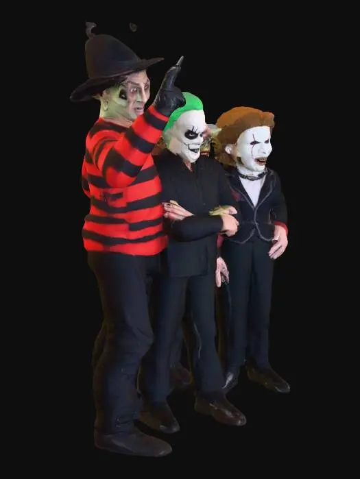 3D model for crea un immagine di una foto ricordo con tutti i cattivi dei film horror in posa, metti in risalto lo sfondo