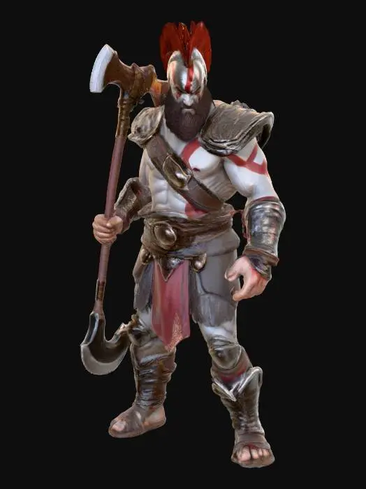 3D model for crea un immagine di Cratos personaggio del videogioco della Sony God of War che cammina metti in risalto la grandezza