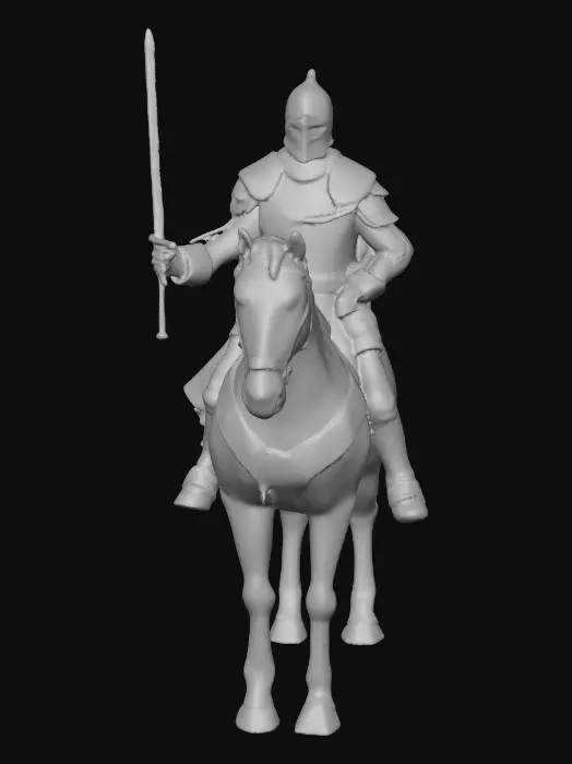 3D model for crea un immagine di un cavaliere a cavallo armatura dorata, cavallo bianco grande metti in risalto la criniera del cavallo