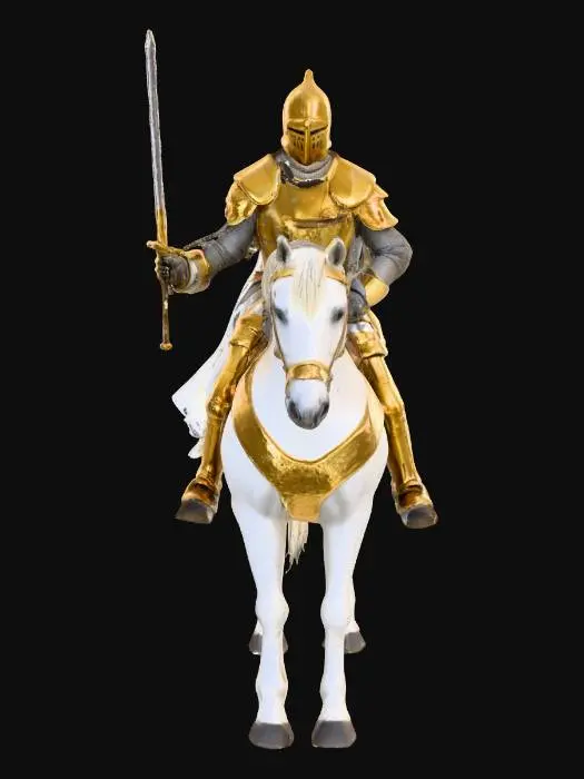 3D model for crea un immagine di un cavaliere a cavallo armatura dorata, cavallo bianco grande metti in risalto la criniera del cavallo