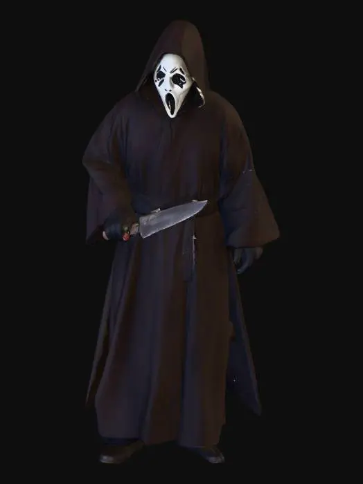 3D model for crea un immagine iper realistica di Ghostface personaggio del film horror di Wes Craven nella posa con il coltello metti in risalto la posa