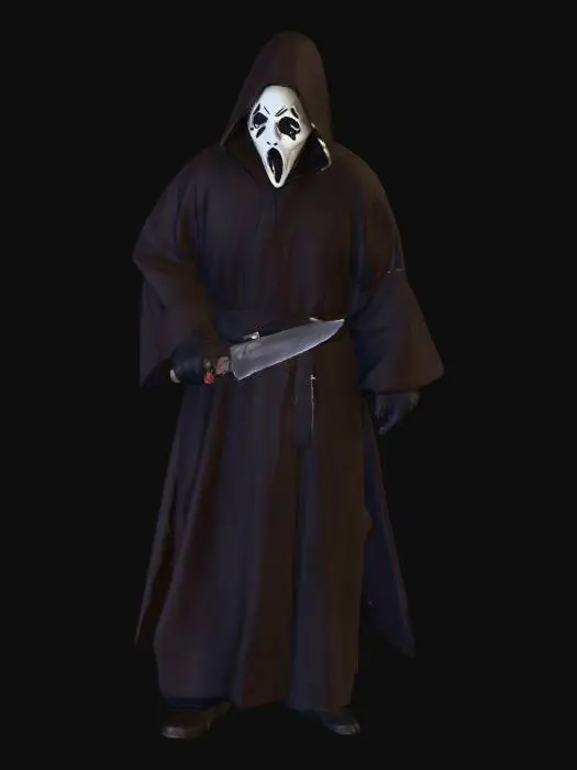 3D model for crea un immagine iper realistica di Ghostface personaggio del film horror di Wes Craven nella posa con il coltello metti in risalto la posa