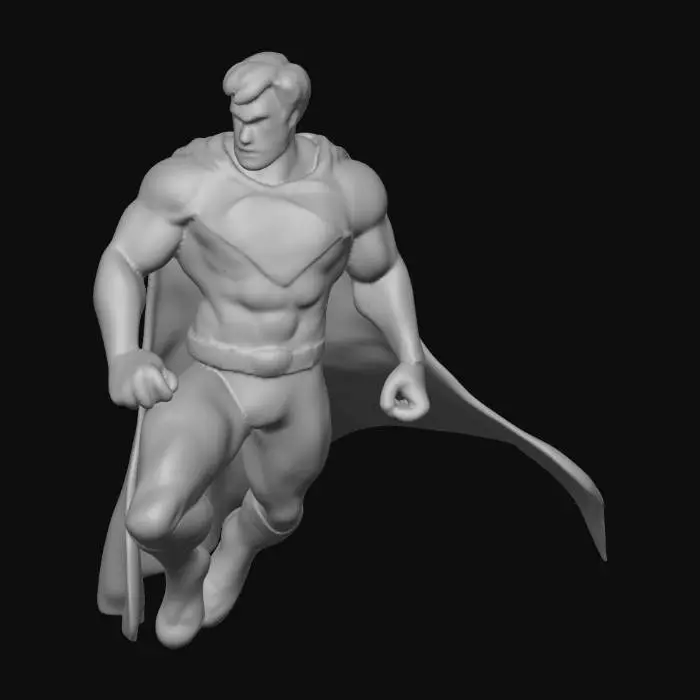 3D model for crea un immagine iper realistica di Superman DC Comix con il mantello rosso, raggi laser dagli occhi metti in risalto il mantello rosso e gli occhi rossi