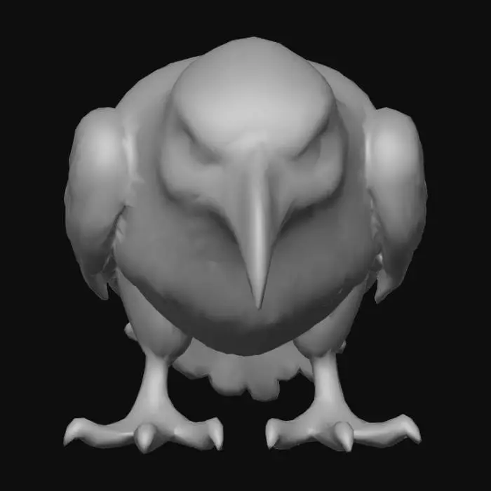 3D model for crea un immagine iper realistica di un corvo dagli occhi gialli, piume nere come il carbone, becco appuntito e zampe affilate metti in evidenza gli occhi penetranti