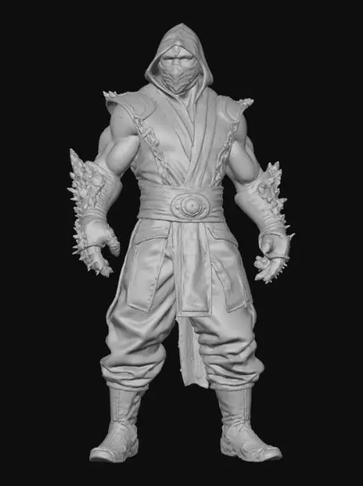 3D model for "3D model of Sub-Zero from Mortal Kombat, blue ninja outfit, icy effects on hands, mask, dynamic martial arts pose, high-detail mesh suitable for 3D printing, realistic fighting game character."