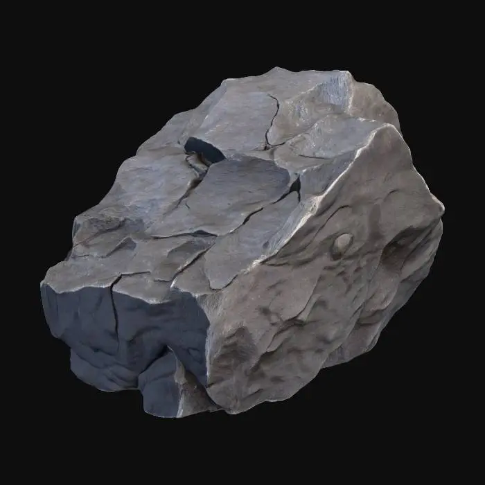 3D model for A photorealistic dark granite rock, medium-sized, with rough angular edges and a natural fractured surface. The granite should have a deep gray to almost black color with subtle mineral speckling, sharp cracks, and weathered details. The rock must look realistic and true-to-life, suitable for a medieval forest riverbank scene.