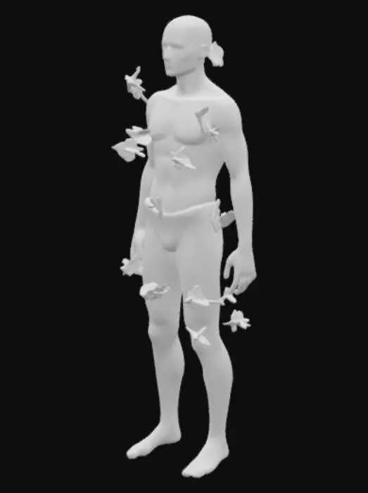 3D model for create a realistic, incredibly life-like person with no facial features made out of water with aquatic plants and fish swimming inside of it