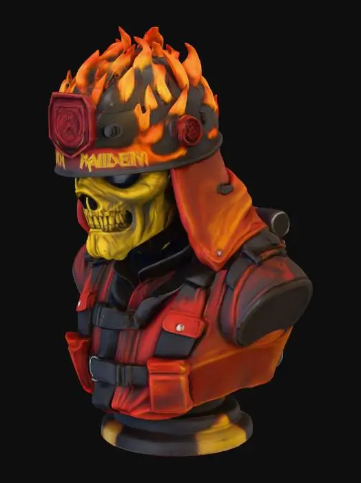 3D model for Create a bust model of Eddie from Iron Maiden wearing a fire helmet, fire coat and air pack