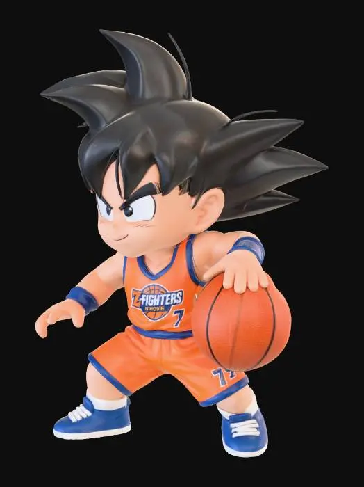 3D model for Model 3D chibi Son Goku, stylizowany na NBA. Ma kolczaste czarne włosy, zdeterminowany, ale zabawny wyraz twarzy i nosi żywą pomarańczowo-niebieską koszulkę koszykarską z logo drużyny oraz spodenki. Jego skóra jest jasnobrzoskwiniowa, dłonie trzymają teksturowaną pomarańczową piłkę do koszykówki, a materiał jego stroju wydaje się gładki i lekko odblaskowy. Stoi w dynamicznej pozie do dryblingu, gotowy do rzutu.
