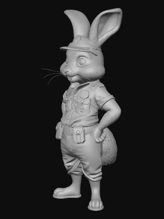 3D model for “3D rendered image of a cheerful anthropomorphic rabbit character inspired by Judy Hopps: gray fur with lighter underside, large expressive violet eyes, long upright ears with darker tips, small pink nose, wearing a detailed blue police uniform with badge and utility belt, dynamic but friendly stance, high-quality 3D studio lighting, realistic fur shading, clean neutral grey background, soft shadows, cinematic glossy render style, crisp details, full body”
“clean mesh, manifold, watertight, optimized for 3D printing”