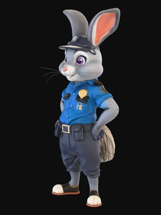 3D model for “3D rendered image of a cheerful anthropomorphic rabbit character inspired by Judy Hopps: gray fur with lighter underside, large expressive violet eyes, long upright ears with darker tips, small pink nose, wearing a detailed blue police uniform with badge and utility belt, dynamic but friendly stance, high-quality 3D studio lighting, realistic fur shading, clean neutral grey background, soft shadows, cinematic glossy render style, crisp details, full body”
“clean mesh, manifold, watertight, optimized for 3D printing”